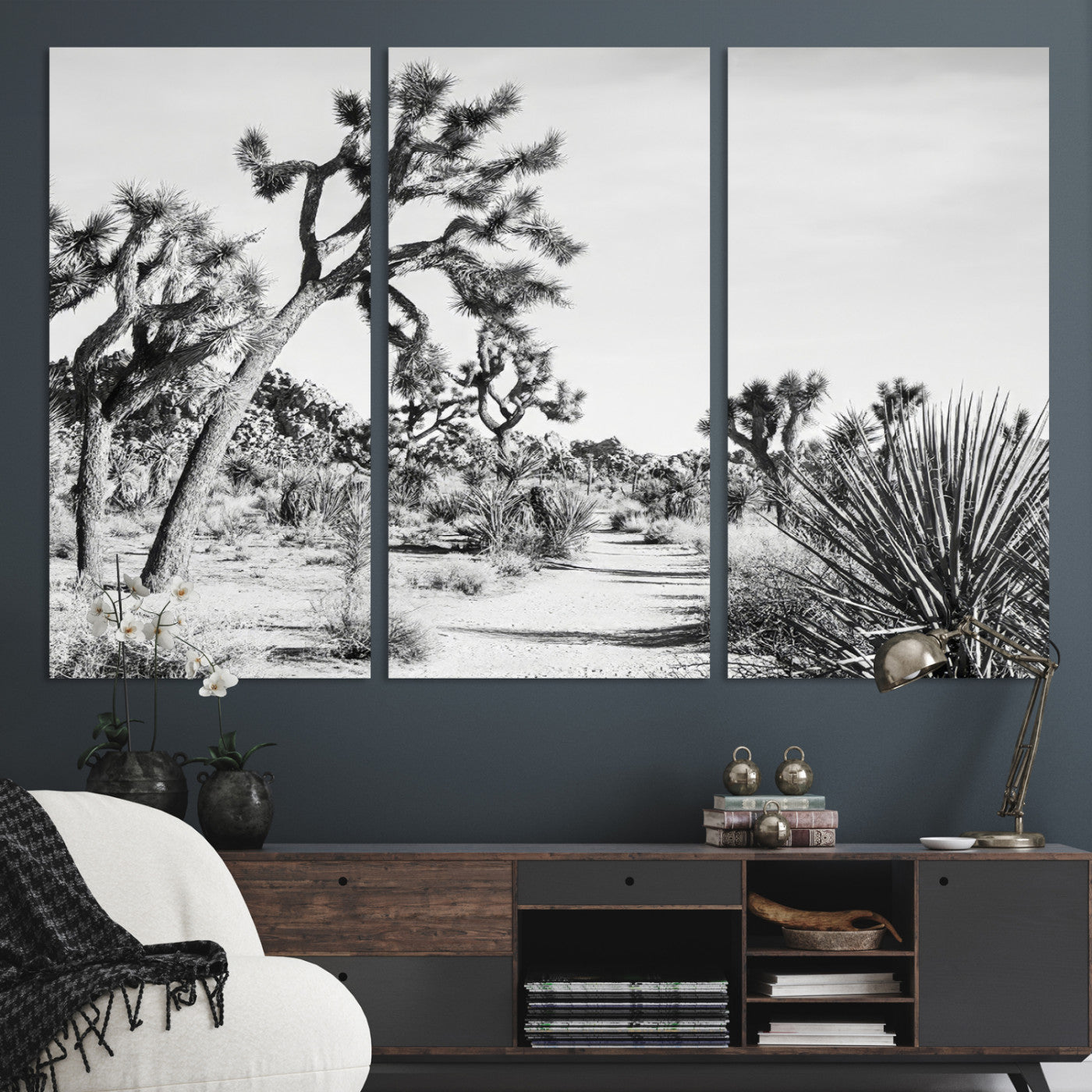 88164251-MGV-CV-36X24-Joshua Tree Wall Art Canvas Print, Framed Desert Path Art Picture Print, Monochrome Desert Perfect Minimalist Desert Decor Artwork