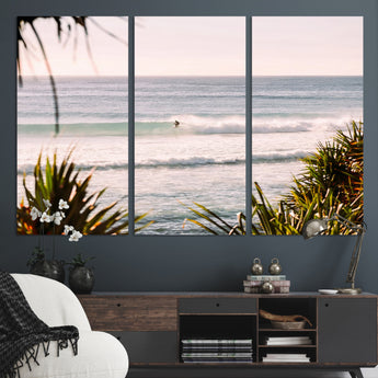 23287092-MGV-CV-36X24-Ocean Surfer Wall Art Canvas Print, Framed Coastal Surf Art Picture Print, Tropical Beach Perfect Tropical Coastal Decor Artwork