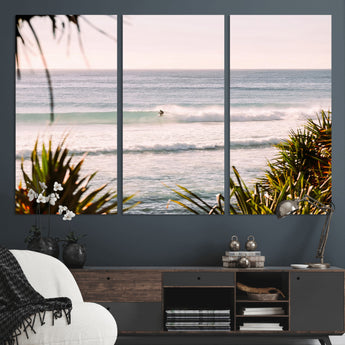 23287092-MGV-CV-48X32-3P-Ocean Surfer Wall Art Canvas Print, Framed Coastal Surf Art Picture Print, Tropical Beach Perfect Tropical Coastal Decor Artwork