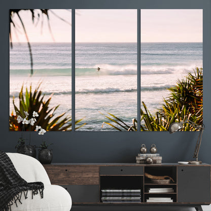 23287092-MGV-CV-48X32-3P-Ocean Surfer Wall Art Canvas Print, Framed Coastal Surf Art Picture Print, Tropical Beach Perfect Tropical Coastal Decor Artwork