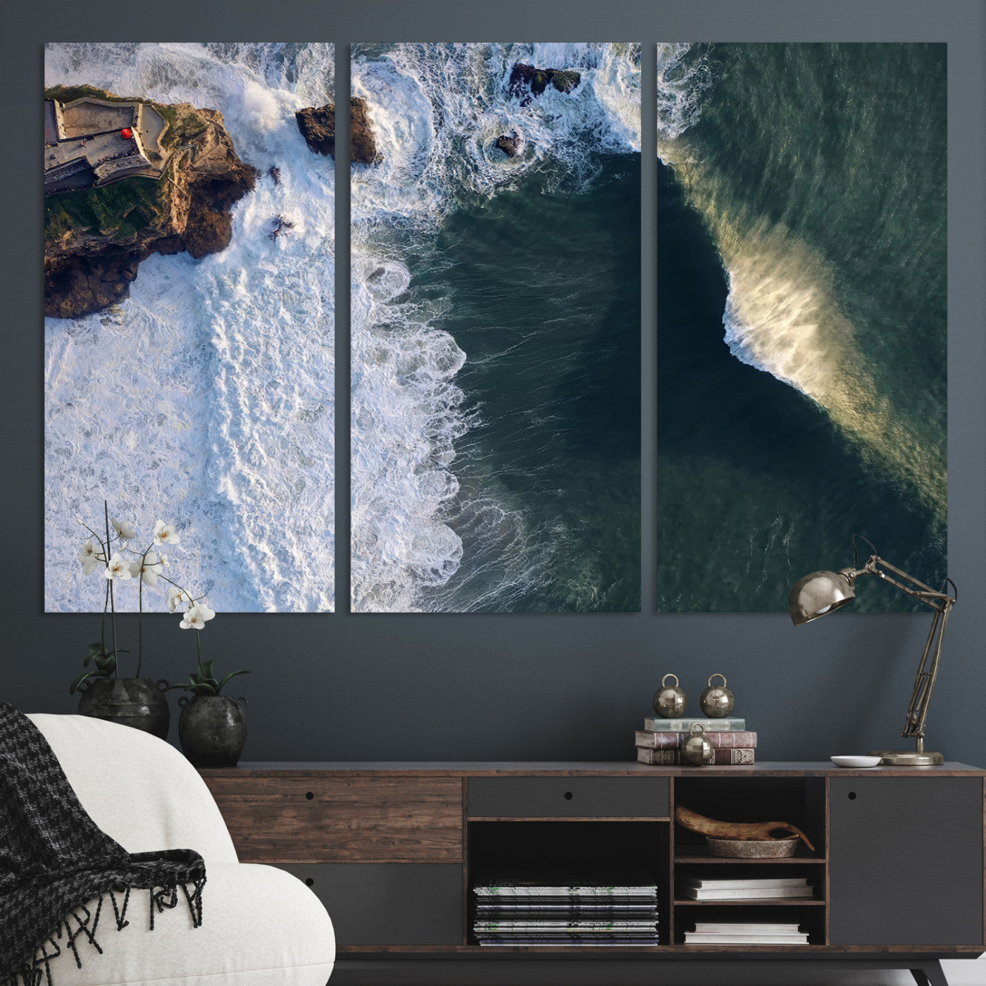 37405684-MGV-CV-36X24-Nazare Coast Wall Art Canvas Print, Framed Aerial Ocean Art Picture Print, Coastal Fortress Perfect Dramatic Coastal Decor Artwork