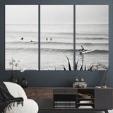 33821421-MGV-CV-36X24-Surfer Silhouette Wall Art Canvas Print, Framed Calm Ocean Art Picture Print, Monochrome Surf Perfect Minimalist Coastal Decor