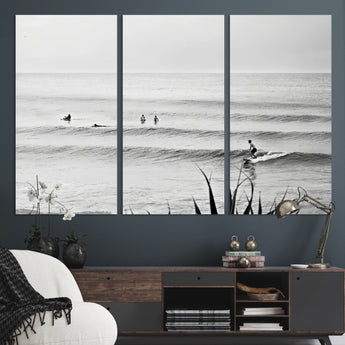 33821421-MGV-CV-36X24-Surfer Silhouette Wall Art Canvas Print, Framed Calm Ocean Art Picture Print, Monochrome Surf Perfect Minimalist Coastal Decor