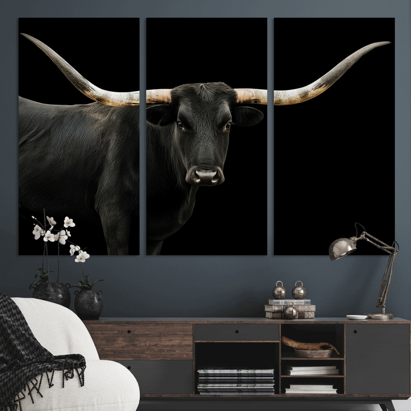 99448328-MGV-CV-48X32-3P-Longhorn Cattle Wall Art Canvas Print, Framed Texas Ranch Art Picture Print, Western Cow Perfect Farmhouse Decor Artwork