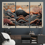 55739266-MGV-CV-48X32-3P-Japanese Wall Art Print – Abstract Yayoi Kusama Inspired Dotted Landscape Poster, Surreal Oriental Mountain and Cherry Blossom