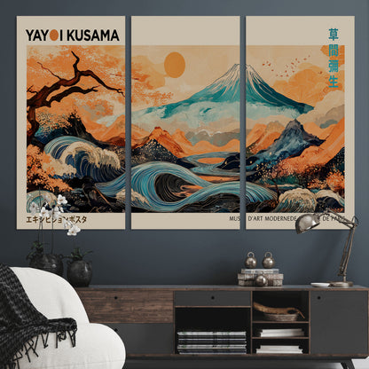 22373530-MGV-CV-36X24-Japanese Mt Fuji Wave Art Print – Ukiyo e Inspired Sun & Cherry Blossom Poster, Traditional Asian Landscape Painting, Modern