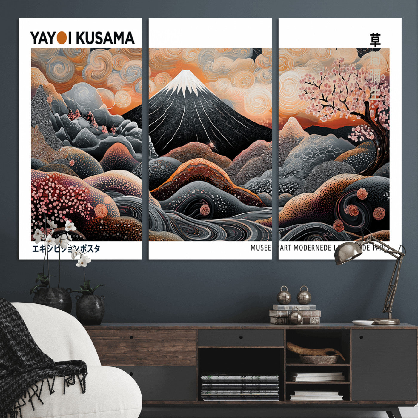 63125329-MGV-CV-48X32-3P-Japanese Mt Fuji Wall Art – Surreal Ukiyo e Style Cherry Blossom Poster, Swirling Cloud Landscape Print, Modern Oriental Asian