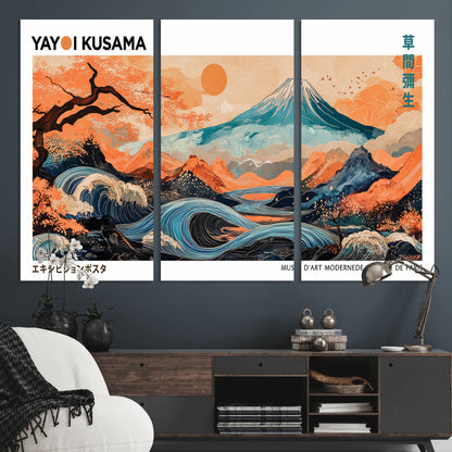 88785870-MGV-CV-48X32-3P-Japanese Great Wave & Mt Fuji Wall Art – Ukiyo e Style Landscape Print with Flowing River, Autumn Mountain Poster, Oriental Asian
