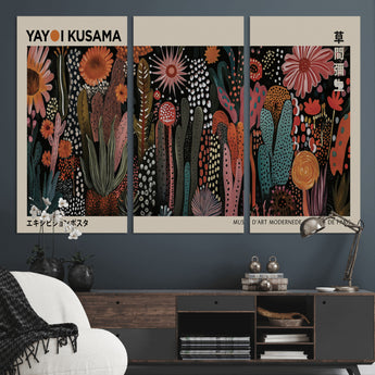 28344895-MGV-CV-36X24-Dark Floral Abstract Wall Art Poster – Modern Botanical Canvas Print with Beige Border, Kusama Inspired Boho Flower Painting,