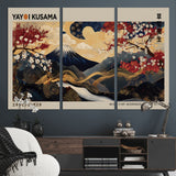 54967195-MGV-CV-48X32-3P-Mount Fuji Wall Art – Japanese Cherry Blossom Abstract Canvas Print, Navy Gold Landscape Painting, Oriental Luxury Home Decor