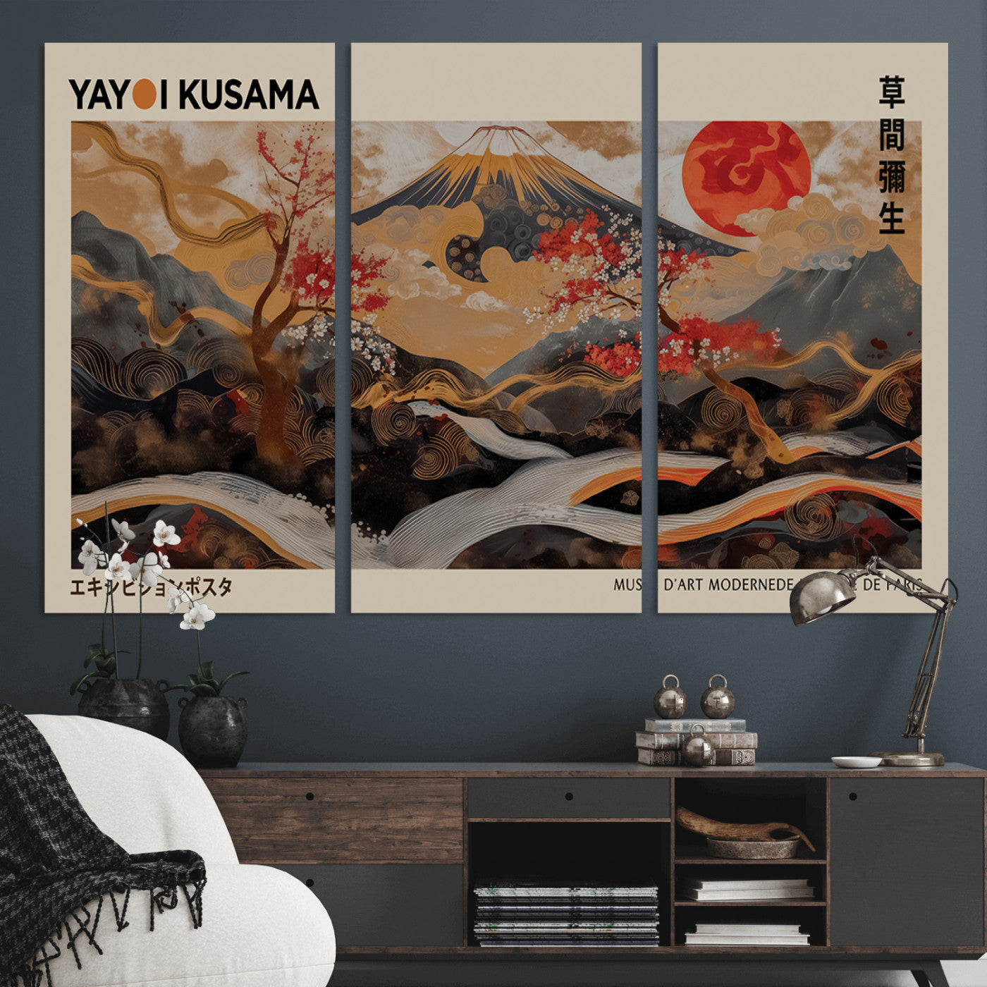 77970791-MGV-CV-48X32-3P-Mount Fuji Golden Abstract Wall Art – Japanese Landscape Canvas Poster, Cherry Blossom & Red Sun Painting, Elegant Zen Oriental