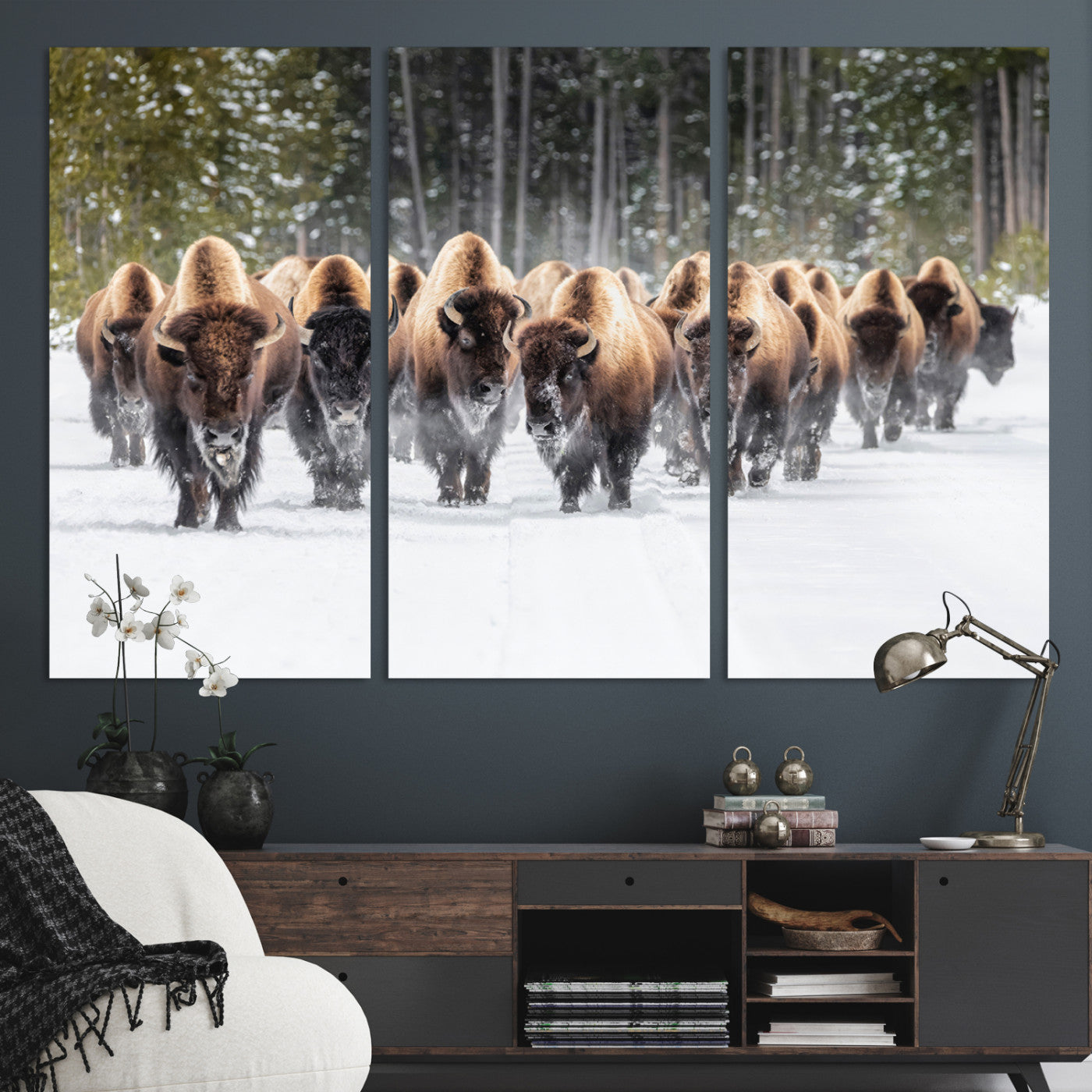 22695857-MGV-CV-36X24-Bison Herd Scene Wall Art Canvas Print, Framed Western Wildlife Art Picture Print, Rustic Animal Art Perfect Rustic Lodge Decor
