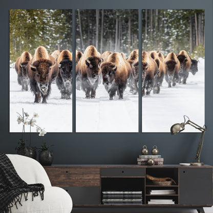 22695857-MGV-CV-36X24-Bison Herd Scene Wall Art Canvas Print, Framed Western Wildlife Art Picture Print, Rustic Animal Art Perfect Rustic Lodge Decor