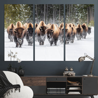 22695857-MGV-CV-36X24-Bison Herd Scene Wall Art Canvas Print, Framed Western Wildlife Art Picture Print, Rustic Animal Art Perfect Rustic Lodge Decor
