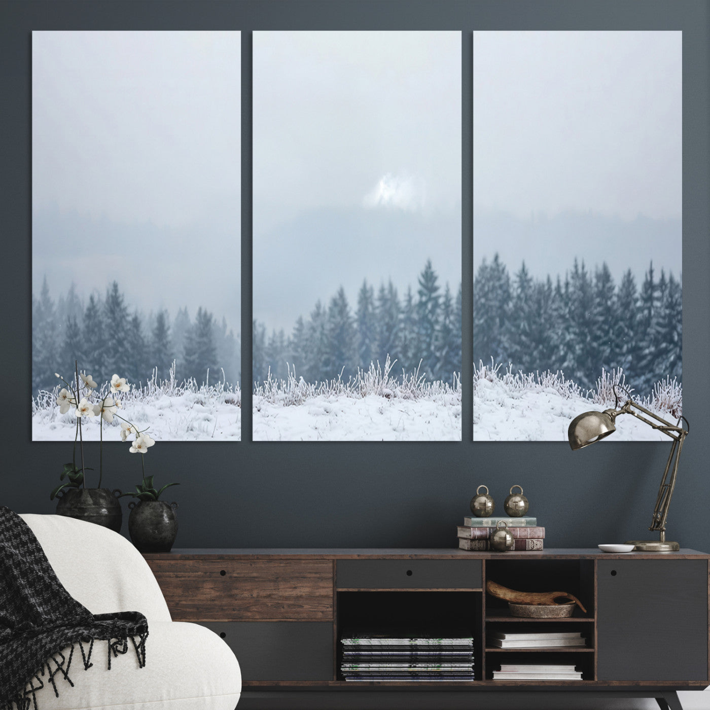 33033082-MGV-CV-36X24-Winter Forest Art Wall Art Canvas Print, Framed Snowy Landscape Art Picture Print, Misty Tree Scene Perfect Nordic Minimalist