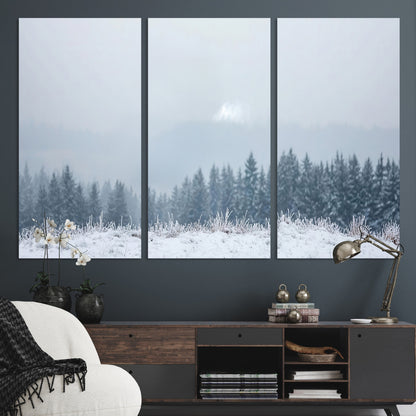 33033082-MGV-CV-36X24-Winter Forest Art Wall Art Canvas Print, Framed Snowy Landscape Art Picture Print, Misty Tree Scene Perfect Nordic Minimalist