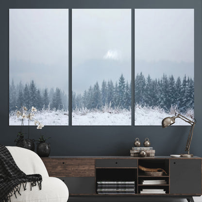33033082-MGV-CV-48X32-3P-Winter Forest Art Wall Art Canvas Print, Framed Snowy Landscape Art Picture Print, Misty Tree Scene Perfect Nordic Minimalist