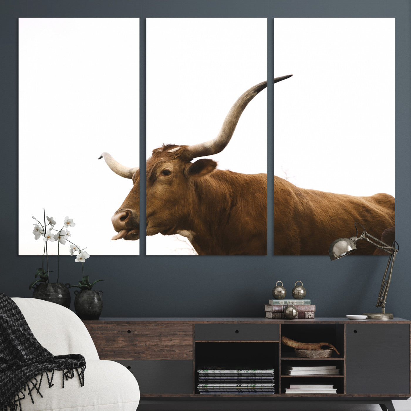 62566114-MGV-CV-36X24-Longhorn Cow Art Wall Art Canvas Print, Framed Rustic Animal Decor Art Picture Print, Texas Bull Photo Perfect Rustic Farmhouse