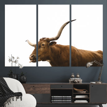 62566114-MGV-CV-48X32-3P-Longhorn Cow Art Wall Art Canvas Print, Framed Rustic Animal Decor Art Picture Print, Texas Bull Photo Perfect Rustic Farmhouse