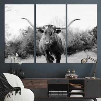 97280319-MGV-CV-36X24-Longhorn Photography Wall Art Canvas Print, Framed Western Cow Decor Art Picture Print, Texas Ranch Style Perfect Rustic Farmhouse