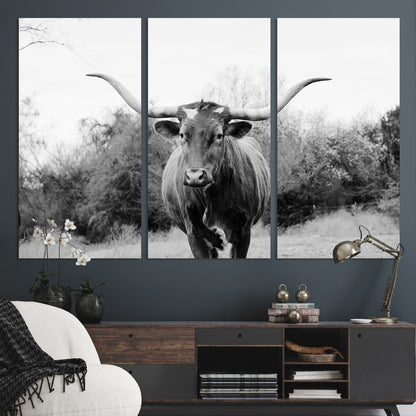 97280319-MGV-CV-36X24-Longhorn Photography Wall Art Canvas Print, Framed Western Cow Decor Art Picture Print, Texas Ranch Style Perfect Rustic Farmhouse