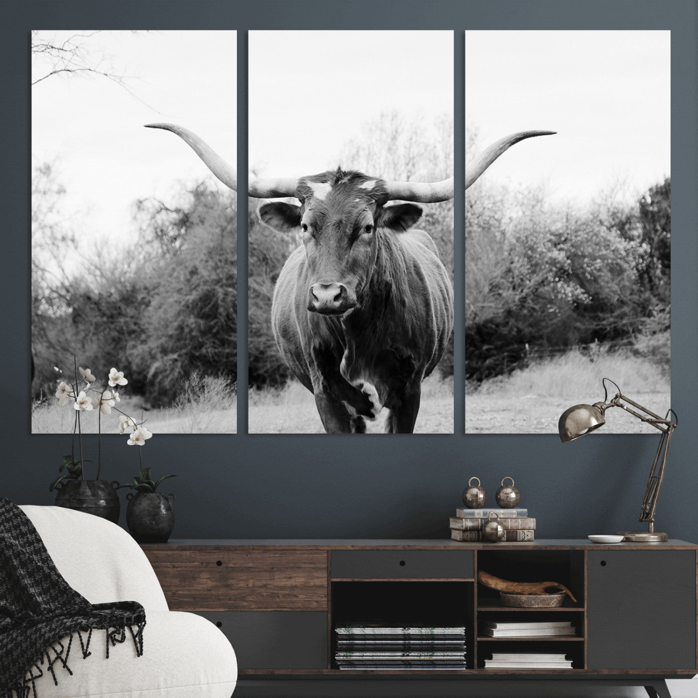 97280319-MGV-CV-36X24-Longhorn Photography Wall Art Canvas Print, Framed Western Cow Decor Art Picture Print, Texas Ranch Style Perfect Rustic Farmhouse