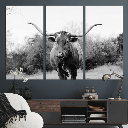 97280319-MGV-CV-36X24-Longhorn Photography Wall Art Canvas Print, Framed Western Cow Decor Art Picture Print, Texas Ranch Style Perfect Rustic Farmhouse