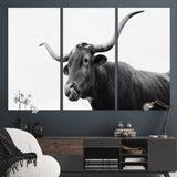 99244177-MGV-CV-48X32-3P-Longhorn Photography Wall Art Canvas Print, Framed Western Cow Decor Art Picture Print, Black White Bull Perfect Modern Rustic