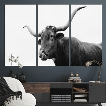 99244177-MGV-CV-48X32-3P-Longhorn Photography Wall Art Canvas Print, Framed Western Cow Decor Art Picture Print, Black White Bull Perfect Modern Rustic