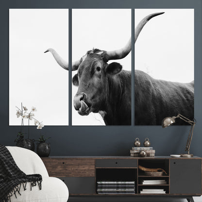 99244177-MGV-CV-48X32-3P-Longhorn Photography Wall Art Canvas Print, Framed Western Cow Decor Art Picture Print, Black White Bull Perfect Modern Rustic