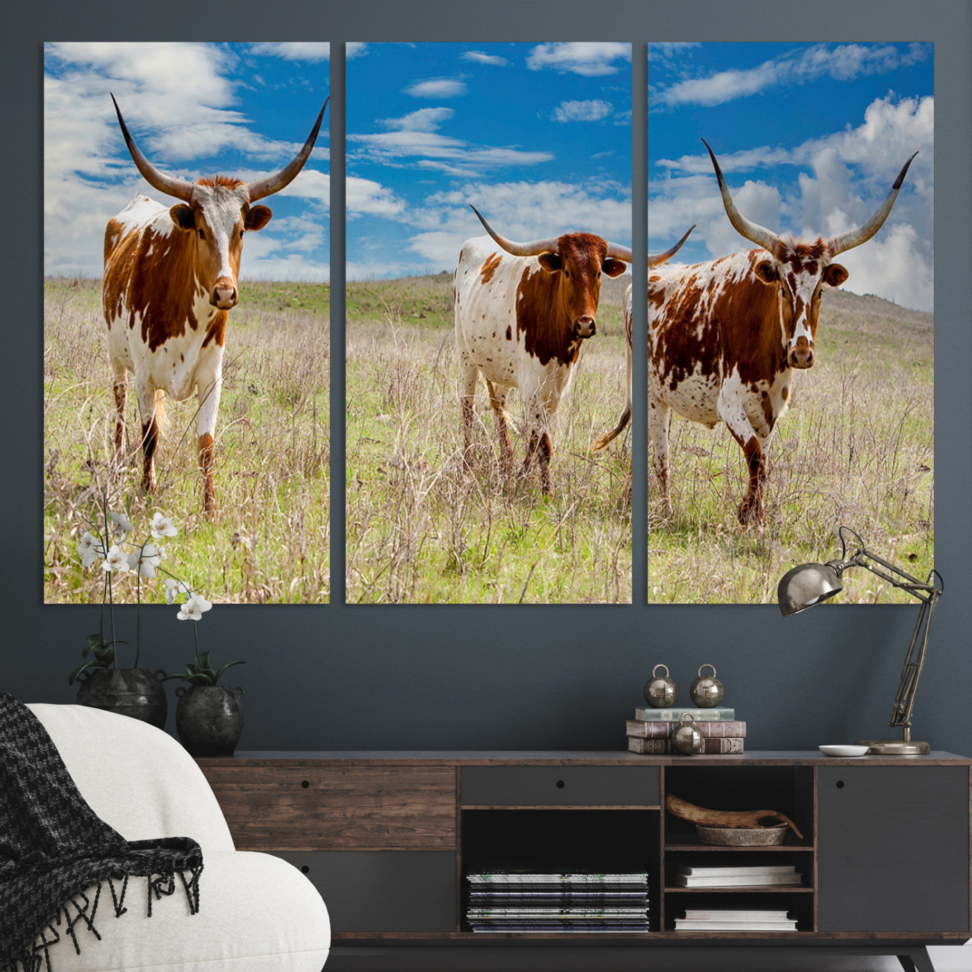 58099948-MGV-CV-36X24-Texas Longhorn Wall Art Canvas Print, Framed Western Decor Art Picture Print, Rustic Farmhouse Perfect Western Farmhouse Decor