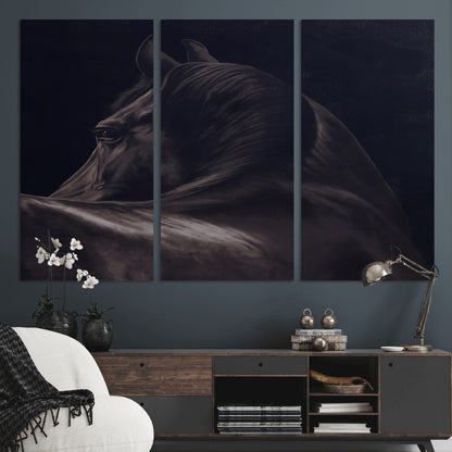 67026880-MGV-CV-36X24-Black Horse Portrait Wall Art Canvas Print, Framed Moody Horse Decor Art Picture Print, Equestrian Wall Style Perfect Masculine