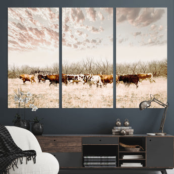 57389417-MGV-CV-48X32-3P-Cow Herd Photography Wall Art Canvas Print, Framed Rustic Farmhouse Decor Art Picture Print, Western Ranch Style Perfect Rustic