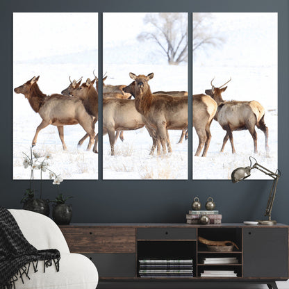 68738684-MGV-CV-36X24-Winter Elk Scene Wall Art Canvas Print, Framed Wildlife Photography Art Picture Print, Snowy Deer Decor Perfect Rustic Lodge Decor