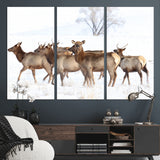 68738684-MGV-CV-48X32-3P-Winter Elk Scene Wall Art Canvas Print, Framed Wildlife Photography Art Picture Print, Snowy Deer Decor Perfect Rustic Lodge Decor