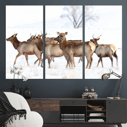 68738684-MGV-CV-48X32-3P-Winter Elk Scene Wall Art Canvas Print, Framed Wildlife Photography Art Picture Print, Snowy Deer Decor Perfect Rustic Lodge Decor