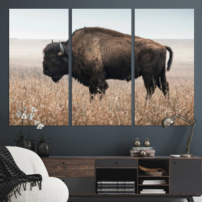 34451925-MGV-CV-36X24-Rustic Bison Decor Wall Art Canvas Print, Framed Buffalo Home Accent Art Picture Print, Prairie Wildlife Scene Perfect Western