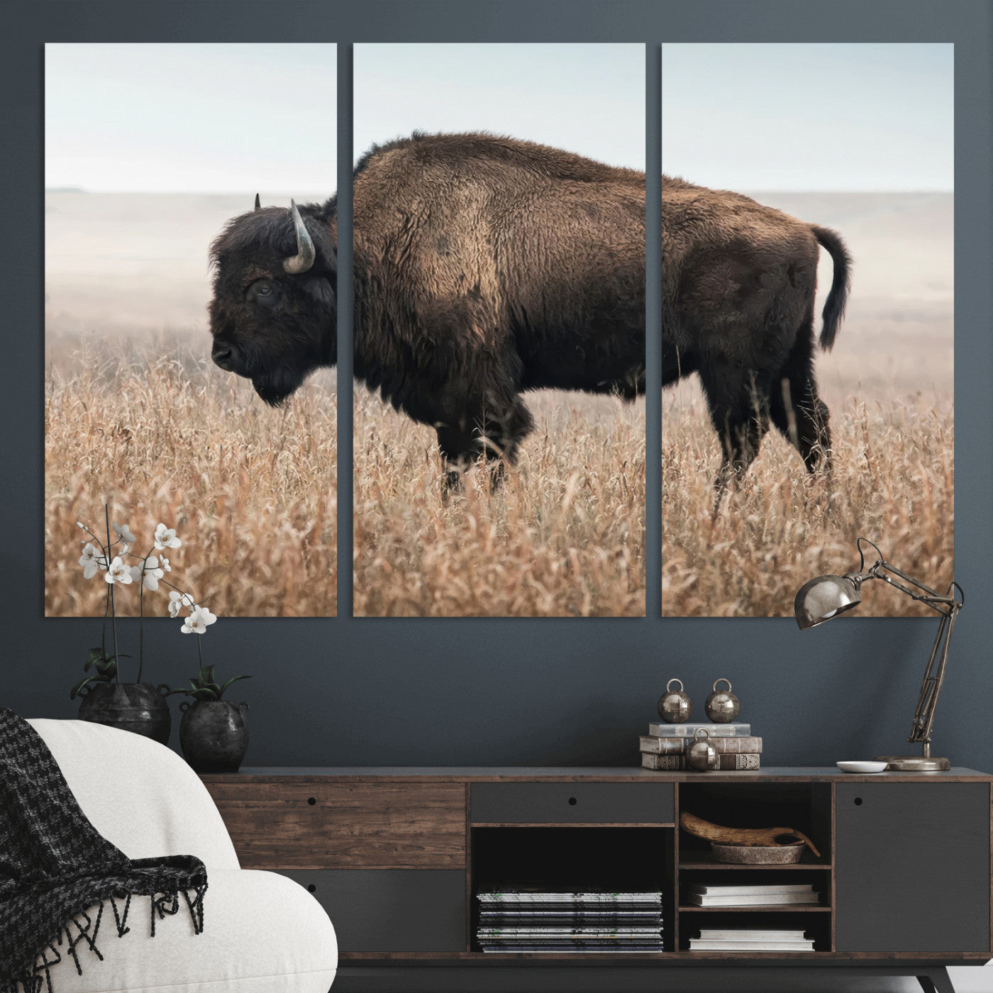 34451925-MGV-CV-36X24-Rustic Bison Decor Wall Art Canvas Print, Framed Buffalo Home Accent Art Picture Print, Prairie Wildlife Scene Perfect Western