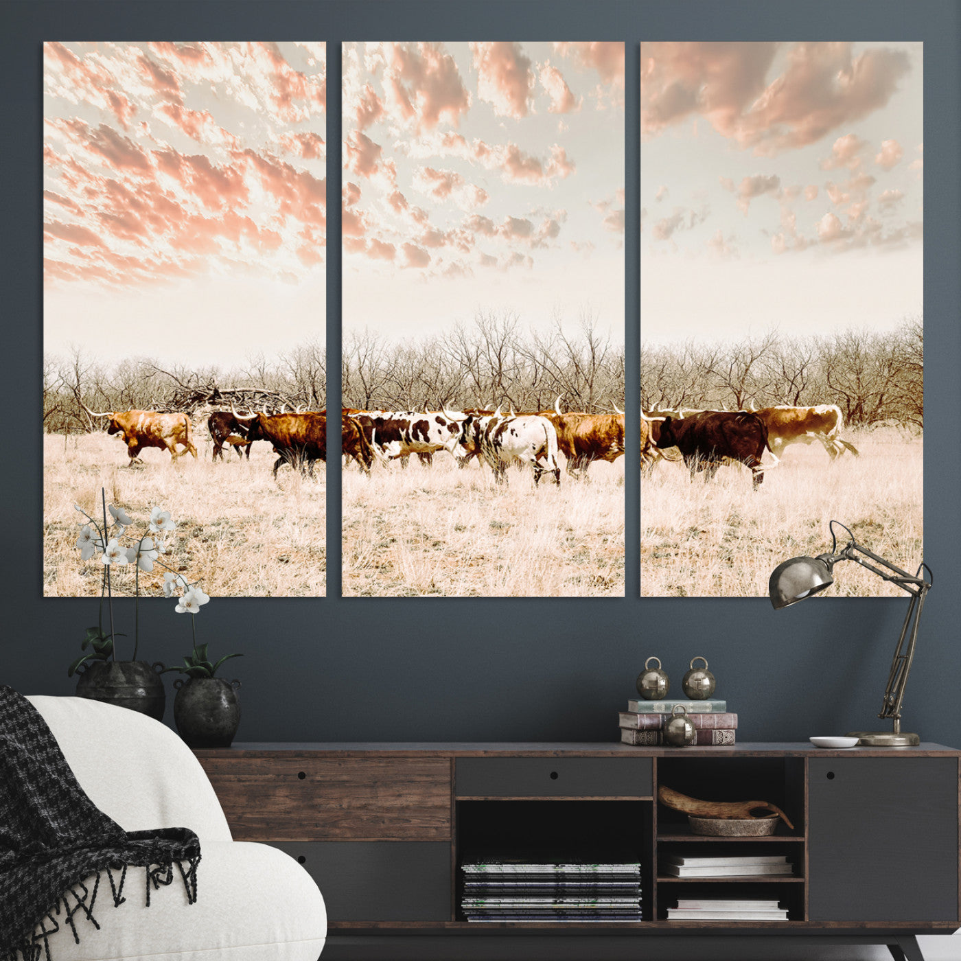 43704663-MGV-CV-36X24-Country Cow Herd Wall Art Canvas Print, Framed Farmhouse Cattle Scene Art Picture Print, Rustic Ranch Decor Perfect Rustic