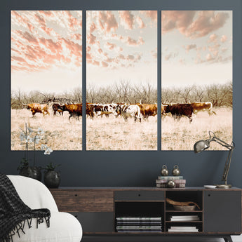 43704663-MGV-CV-36X24-Country Cow Herd Wall Art Canvas Print, Framed Farmhouse Cattle Scene Art Picture Print, Rustic Ranch Decor Perfect Rustic