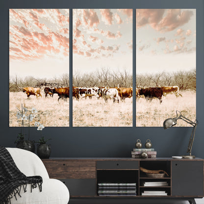 43704663-MGV-CV-36X24-Country Cow Herd Wall Art Canvas Print, Framed Farmhouse Cattle Scene Art Picture Print, Rustic Ranch Decor Perfect Rustic
