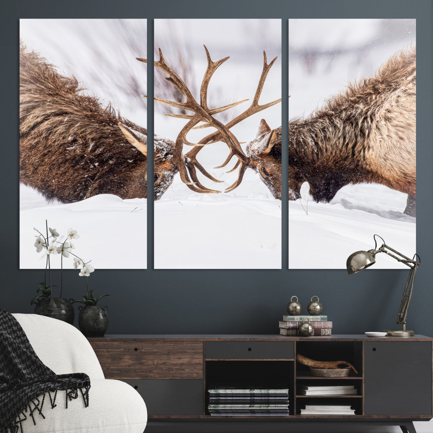 36507609-MGV-CV-36X24-Elk Clash Scene Wall Art Canvas Print, Framed Wildlife Strength Decor Art Picture Print, Snowy Forest Elk Perfect Rustic Lodge