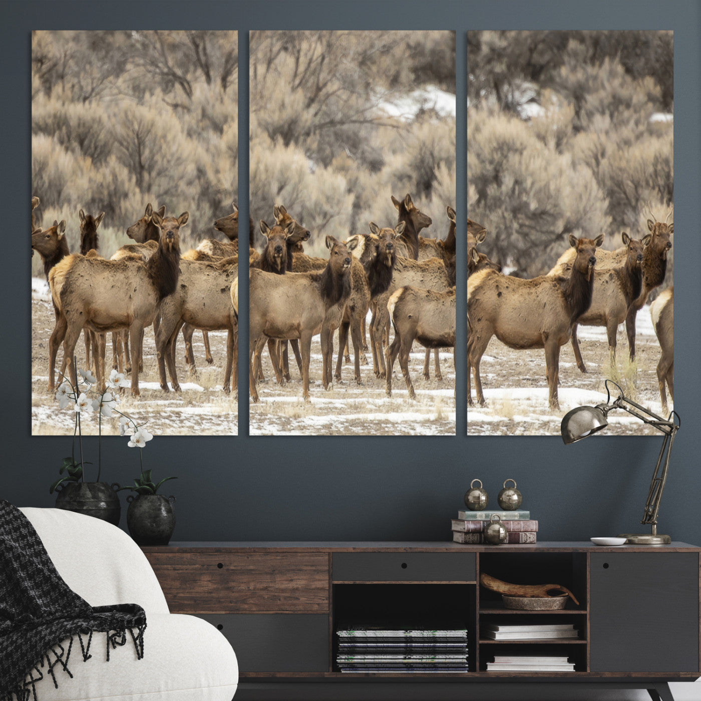 90269422-MGV-CV-36X24-Elk Herd Scene Wall Art Canvas Print, Framed Rustic Wildlife Decor Art Picture Print, Western Cabin Style Perfect Rustic Lodge