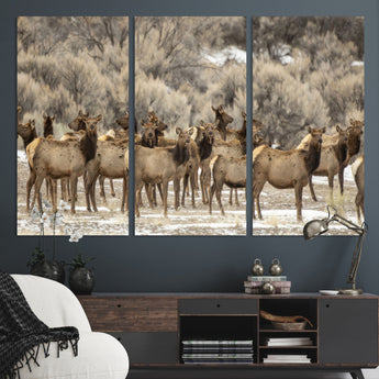 90269422-MGV-CV-36X24-Elk Herd Scene Wall Art Canvas Print, Framed Rustic Wildlife Decor Art Picture Print, Western Cabin Style Perfect Rustic Lodge