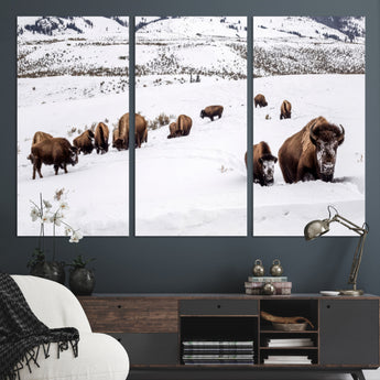 13891210-MGV-CV-36X24-Bison Herd Scene Wall Art Canvas Print, Framed Western Wildlife Decor Art Picture Print, Snowy Mountain Valley Perfect Rustic