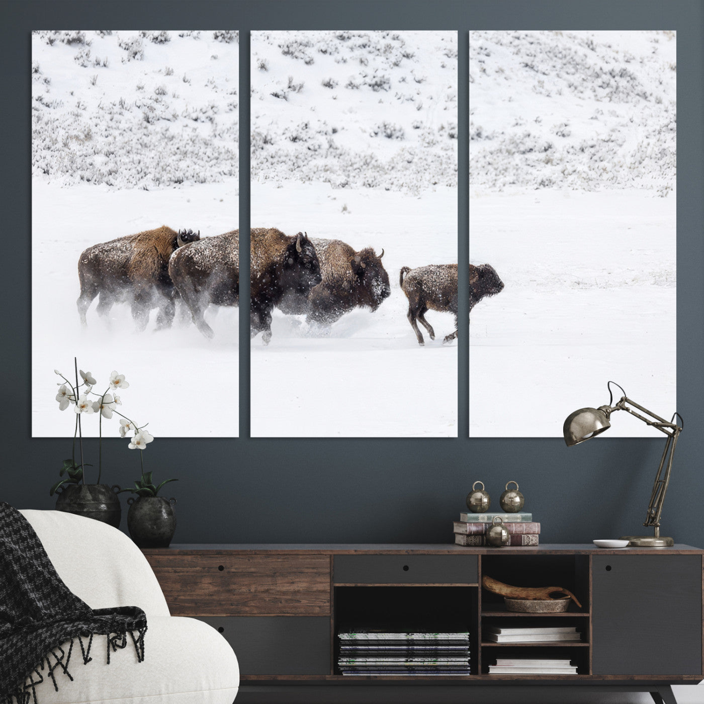 56216945-MGV-CV-36X24-Bison Herd Decor Wall Art Canvas Print, Framed Snowy Bison Scene Art Picture Print, Winter Wildlife Theme Perfect Rustic Western