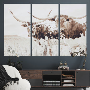 48161868-MGV-CV-36X24-Longhorn Cow Decor Wall Art Canvas Print, Framed Rustic Cattle Art Picture Print, Sepia Western Vibe Perfect Neutral Rustic