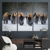 41669135-MGV-CV-48X32-3P-Bison Herd Scene Wall Art Canvas Print, Framed Rustic Wildlife Decor Art Picture Print, Snowy Bison Landscape Perfect Rustic