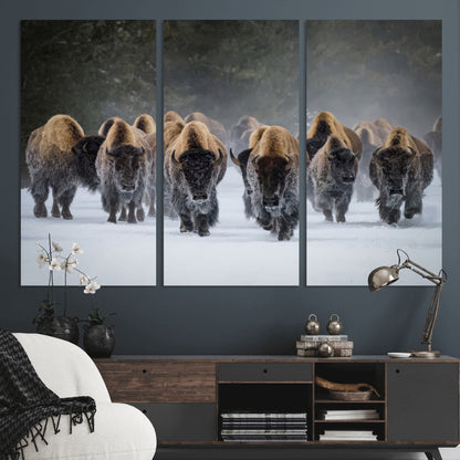41669135-MGV-CV-48X32-3P-Bison Herd Scene Wall Art Canvas Print, Framed Rustic Wildlife Decor Art Picture Print, Snowy Bison Landscape Perfect Rustic