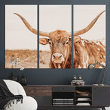 74406977-MGV-CV-36X24-Longhorn Bull Decor Wall Art Canvas Print, Framed Western Cow Theme Art Picture Print, Rustic Farmhouse Wall Perfect Neutral